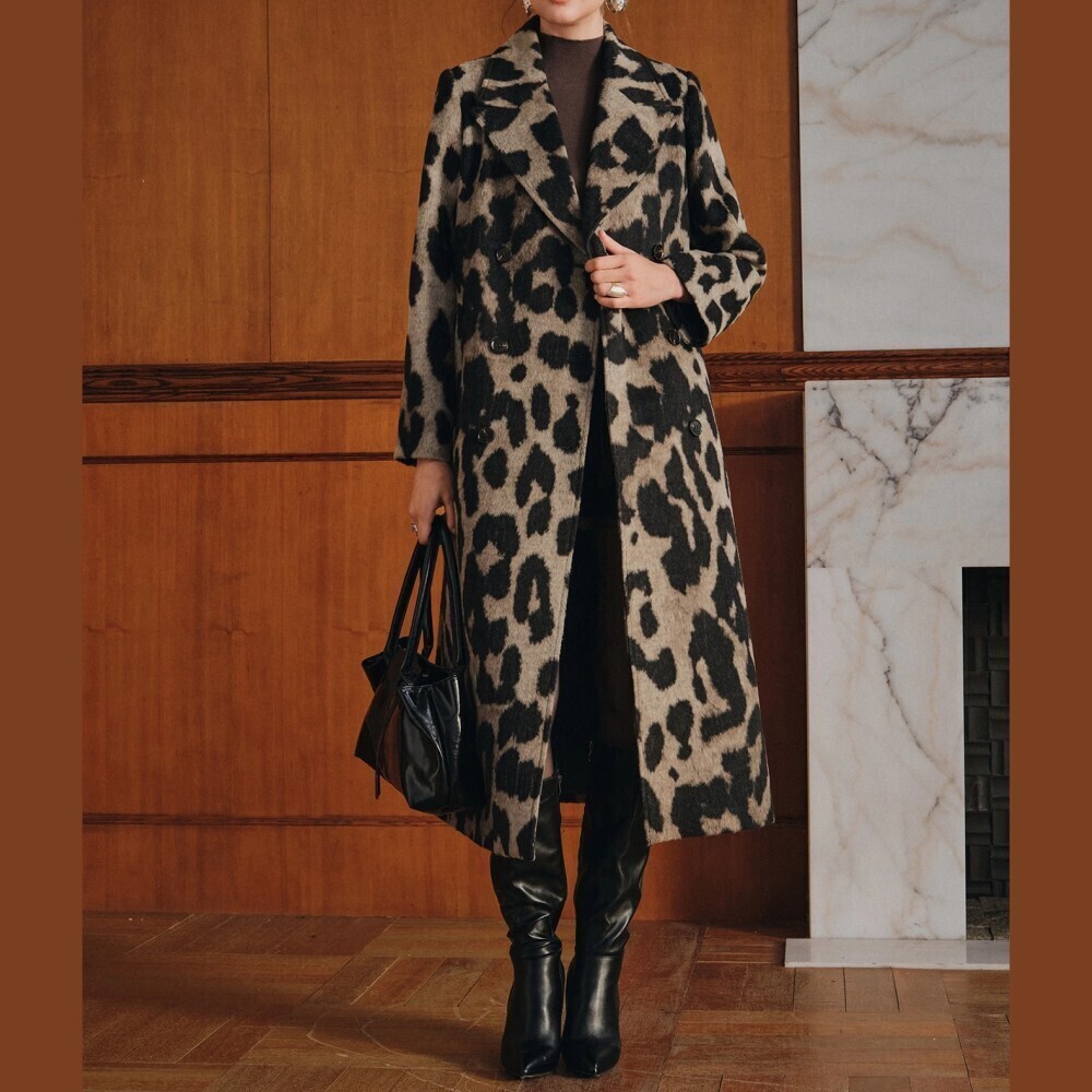 Leopard Print Notch Lapel Double Breasted Midi Coat
